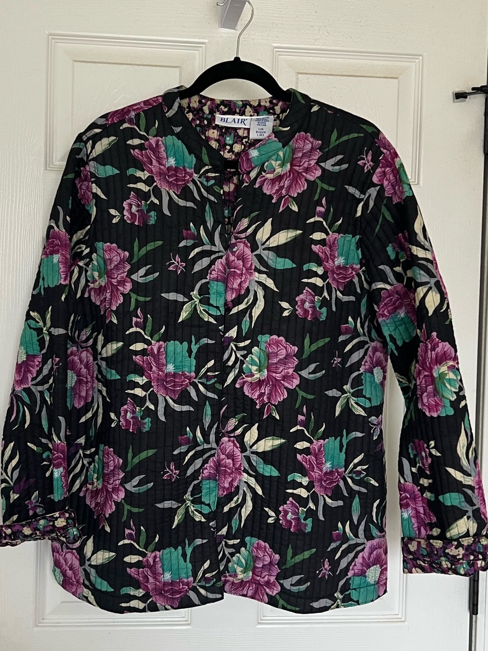 VTG Blair Reversible Cotton Quilted Floral Jacket Black Purple Cottagecore L